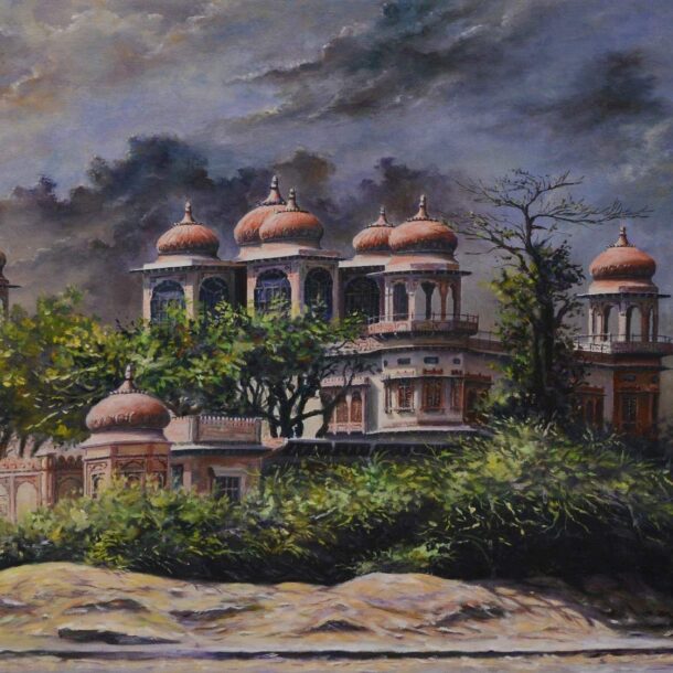 Traditional Mughal-style mansion surrounded by lush greenery under dramatic stormy skies, showcased in an Online Art Gallery Karachi collection.