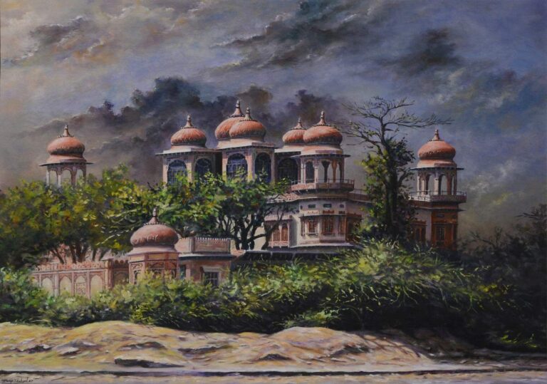 Traditional Mughal-style mansion surrounded by lush greenery under dramatic stormy skies, showcased in an Online Art Gallery Karachi collection.