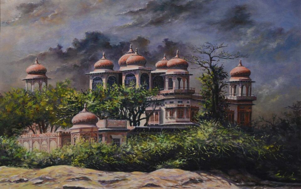 Traditional Mughal-style mansion surrounded by lush greenery under dramatic stormy skies, showcased in an Online Art Gallery Karachi collection.